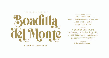 Boadilla del Monte: Classic Typography Minimal Fashion Designs. Typeface modern serif fonts and numbers. Elegant stylish alphabet letters font, ligatures, and number.	