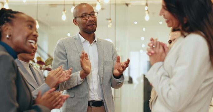 Group clapping, shaking hands and business man with respect, praise and celebrate success in office. Smile, team handshake and applause for promotion, congratulations and reward for goal achievement