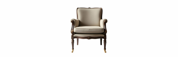 A beige upholstered armchair with a classic, ornate wooden frame and elegant carved details. It features a high back and rolled armrests, sitting on slender, tapered legs.