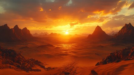 Naklejka premium Alien desert sunset, orange mountains, fiery sky.