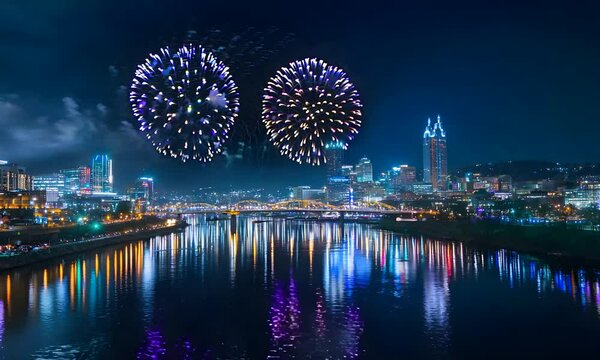 Spectacular fireworks display over Pittsburgh skyline reflects on river at night
