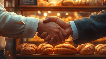 A professional-grade close-up handshake with a faint glow from the bakery’s warm lights. Background features rustic shelves stacked with baguettes and pastries, vibrant colors with realistic textures.