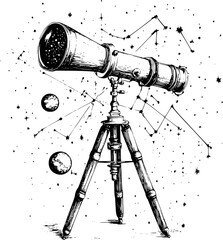 Hand-drawn telescope pointed at stars and a planet.