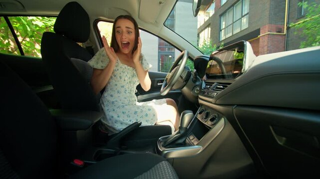 Shocked scared Caucasian woman female girl driver rental service client frightened automobile owner spilled coffee drink seat new car salon interior cleaning auto inside modern rent vehicle transport