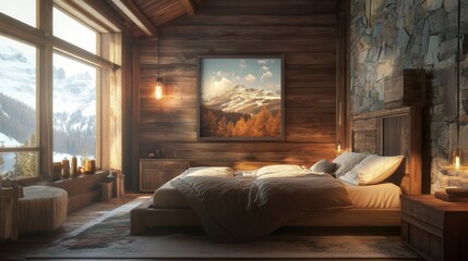 Cozy Mountain Retreat Featuring Wooden Decor, Large Windows, and Scenic Views of Snow-Capped Peaks and Autumn Foliage