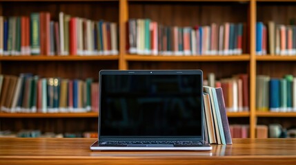 Library desk with books and laptop