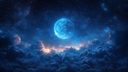 Fototapeta premium Celestial blue moon, starry night, fluffy clouds.