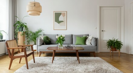 Fototapeta premium modern creative living room interior design backdrop ideas concept house beautiful background elevation of sofa with decorative photo paint frame full wall background