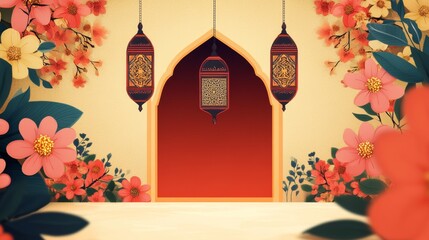 Illustration of Islamic theme design with floral motives for Ramadhan and Eid Fitri celebration