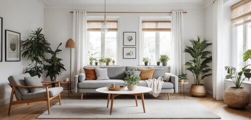 Obraz premium modern creative living room interior design backdrop ideas concept house beautiful background elevation of sofa with decorative photo paint frame full wall background