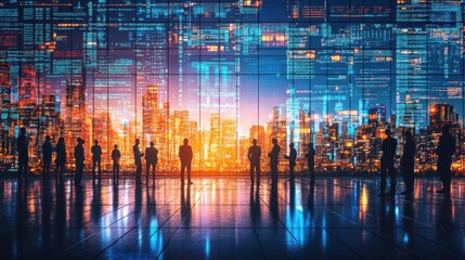 Business professionals silhouettes against a futuristic city skyline with dynamic data visuals displaying vibrant colors and trends at sunset in a modern office setting