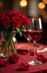 Romantic dinner service with fresh roses and glasses of wine for a special occasion. Romantic card.