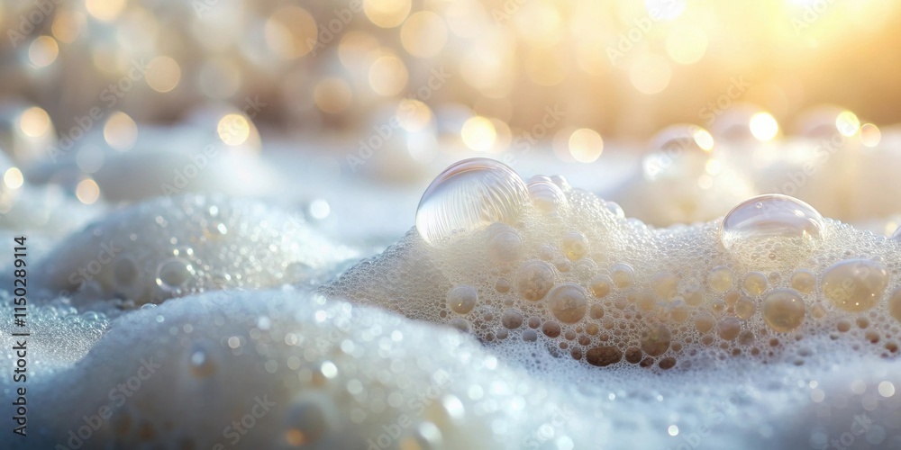 Poster close-up view of glistening foam bubbles, illuminated by soft sunlight, showcasing a delicate textur