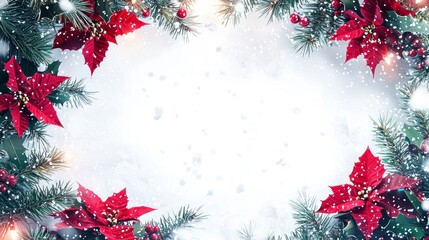 Elegant Christmas Frame Design Featuring Festive Poinsettias and Snowy Background for Holiday Greetings and Decorative Use