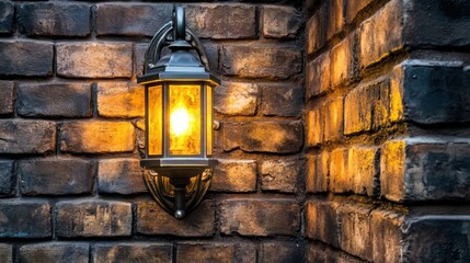 Vintage Wall Lantern Illuminating Textured Brick Wall at Night, Creating a Cozy and Warm Atmosphere in an Outdoor or Indoor Setting