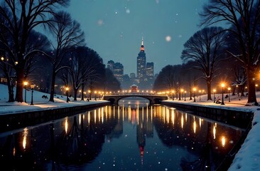 Park and river on a winter night with the city as a backdrop
