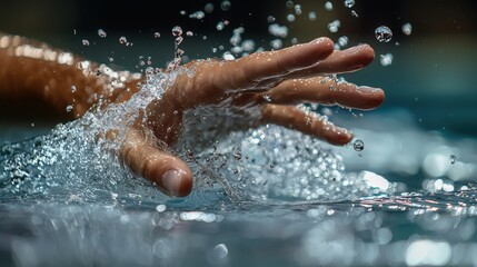 Fototapeta premium Fingers creating splashes in clear water during an immersive swimming experience