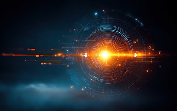 A vibrant, abstract representation of energy and light, featuring a glowing center surrounded by circular patterns and cosmic elements.