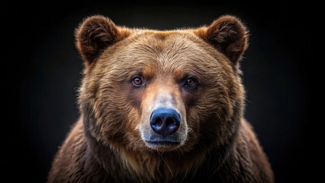 A majestic brown bear stares intently into the camera, its fur a rich tapestry of browns and its eyes piercingly focused.