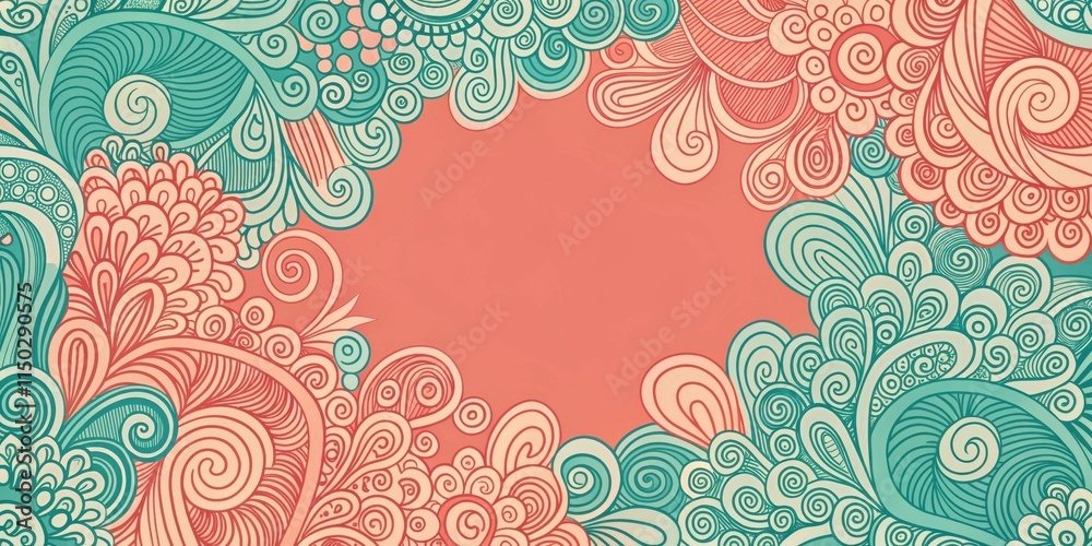 Poster intricate swirling floral frame design with pastel colors and empty center space ideal for text or i