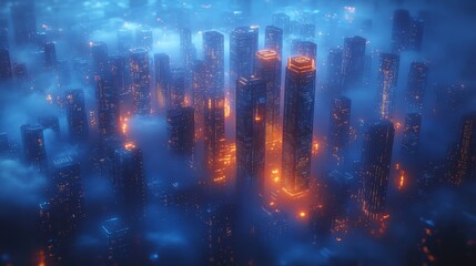 Urban Skyline Illuminated by Neon Lights in a Foggy Night Setting, Showcasing Futuristic Architecture and a Vibrant City Atmosphere