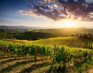Fototapeta premium Generated image Beautiful vineyard landscape at sunset in the Tuscan countryside