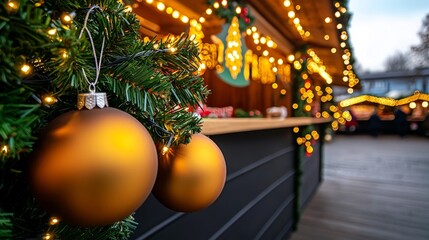 Christmas lights reunion concept. Festive holiday scene with golden ornaments and warm lights at a market stall.