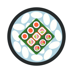 Sushi and seafood. Japanese traditional cuisine, tasty food icon. Asian sushi bar vector and Chinese food flat