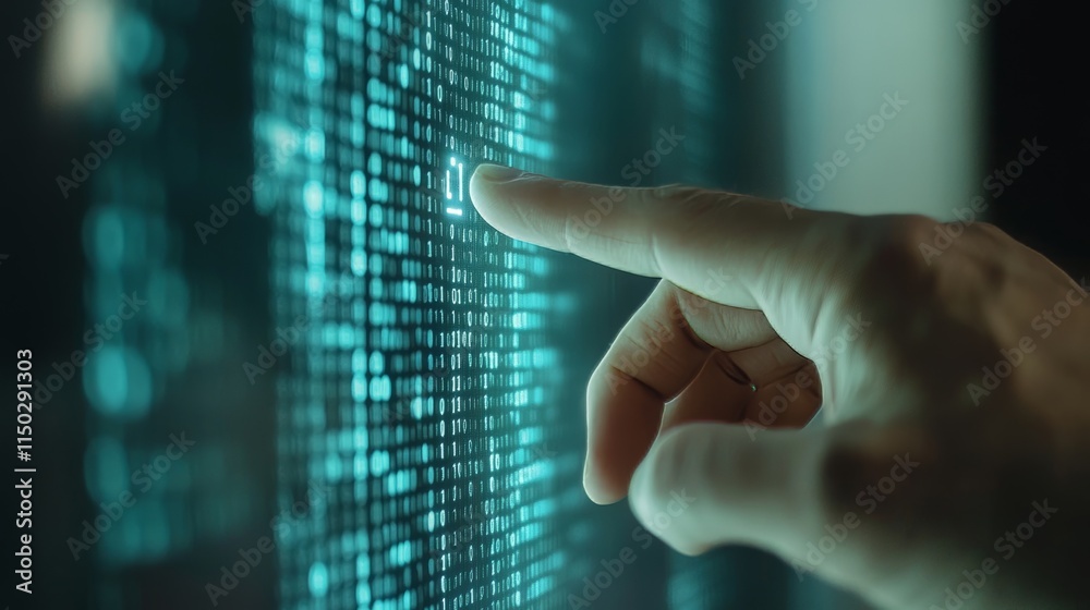 Poster digitally interacting with data display during evening hours in a tech environment emphasizing moder