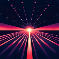 Vibrant Rays of Light Radiate From a Central Point in a Surreal Digital Landscape During a Cosmic Dawn