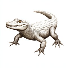 Obraz premium A detailed illustration of a crocodilian creature with a streamlined body, prominent teeth, and textured skin, showcasing its prehistoric appearance.