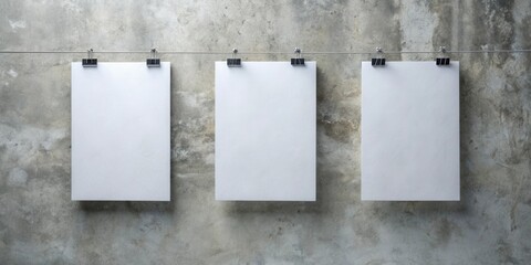 Three blank papers hanging on a wire against a textured wall