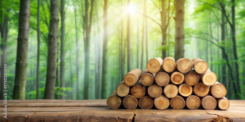 Poster stack of neatly arranged wood logs on a rustic wooden surface, set against a sunlit forest backdrop