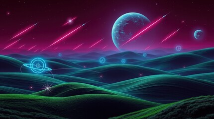 Fototapeta premium Enchanting space scene with meteor shower over hills in alien landscape
