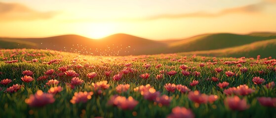 Fototapeta premium A breathtaking view of a vibrant field of flowers at sunset, with pink blossoms punctuating lush green grass, creating a serene and magical atmosphere.