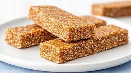 Quinoa grains inspire healthy recipes. Nutritious snack bars stacked on a plate.