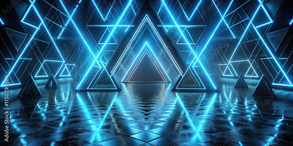 Poster abstract futuristic neon triangle corridor with reflective floor