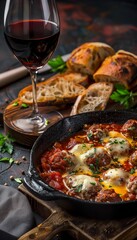 Savory baked meatballs in tomato sauce with mozzarella, served with crusty bread and red wine
