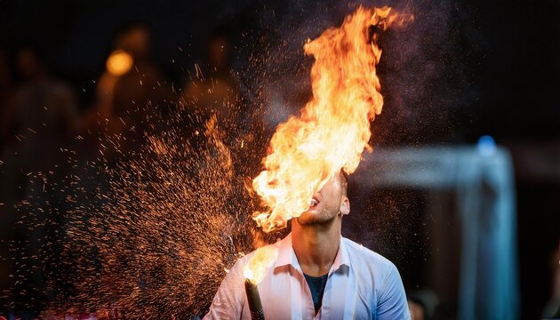 circus performer  shot fire from his mouth , circus show.