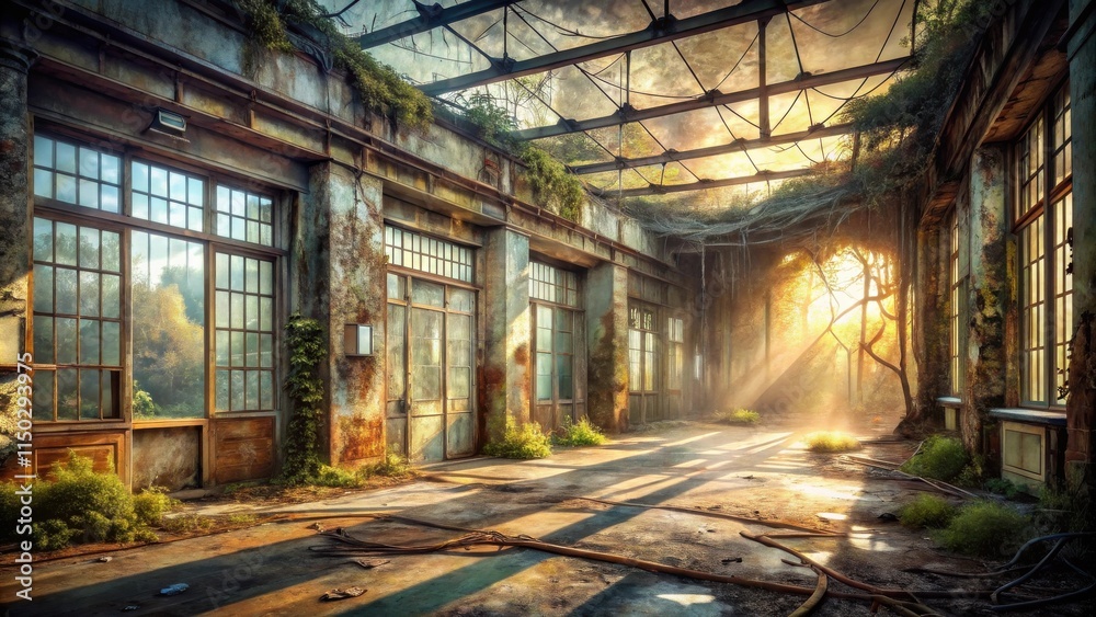 Poster sunlit ruins of a reclaimed structure nature's peaceful conquest of derelict architecture