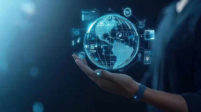 Digital hand holding a glowing globe surrounded by insurance icons, representing global Insurtech solutions