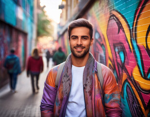 Fototapeta premium Person in Modern Bold Clothing Standing in Front of Colorful Graffiti Wall Urban Street Style Scene 