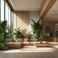 Modern Living Room With Large Windows and Indoor Plants Showcasing a Harmonious Blend of Nature and Contemporary Design