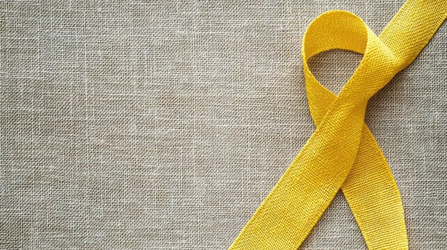 Yellow ribbon on textile background with copy space for endometriosis awareness month or sign for microencephaly and suicide prevention