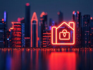 Futuristic city with glowing insurance icons floating above, symbolizing the future of urban Insurtech protection