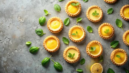 A delightful arrangement of miniature lemon curd tarts, garnished with fresh mint leaves, rests on a textured gray surface.