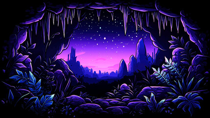 Fototapeta premium Cave opening to a purple fantasy landscape.