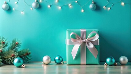 A Teal Gift Box with a Delicate Bow, Adorned by Festive Ornaments and Twinkling Lights on a Wooden Surface