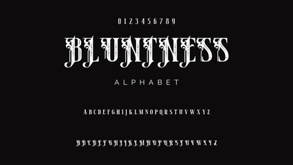 Craft vintage typeface design. Graphic display alphabet. Fantasy type letters. Latin characters, numbers. Vector illustration. Old badge, label, logo template.