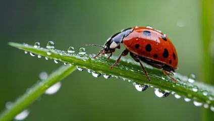 Obraz premium Ladybug Stroll: Macro on Dewy Grass